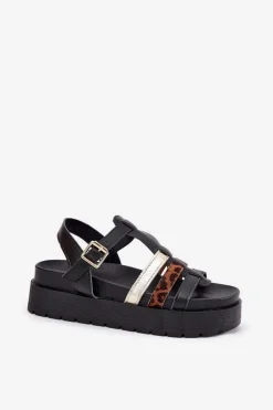 Boto Sandały Płaskie*Sandały Damskie Z Paskami Na Platformie Czarne Gallari