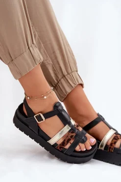 Boto Sandały Płaskie*Sandały Damskie Z Paskami Na Platformie Czarne Gallari
