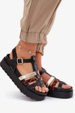 Boto Sandały Płaskie*Sandały Damskie Z Paskami Na Platformie Czarne Gallari