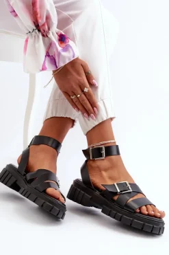 Boto Sandały Płaskie*Sandały Damskie Z Paskami Eko Skórzane Czarne Eladira
