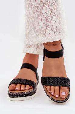 Boto Sandały Płaskie*Sandały Damskie Z Plecionką Na Zdobionej Platformie Czarne Velara Czarny