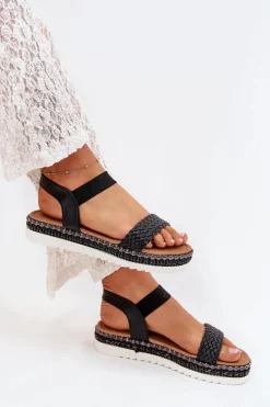 Boto Sandały Płaskie*Sandały Damskie Z Plecionką Na Zdobionej Platformie Czarne Velara Czarny