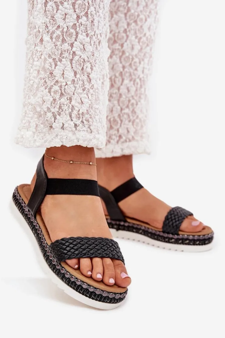 Boto Sandały Płaskie*Sandały Damskie Z Plecionką Na Zdobionej Platformie Czarne Velara Czarny