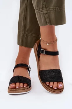 INBLU Sandały Na Koturnie|Sandały Płaskie*Sandały Damskie Z Plecionką Na Pasku GS000050 Czarne