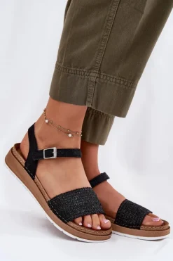 INBLU Sandały Na Koturnie|Sandały Płaskie*Sandały Damskie Z Plecionką Na Pasku GS000050 Czarne