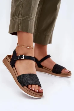 INBLU Sandały Na Koturnie|Sandały Płaskie*Sandały Damskie Z Plecionką Na Pasku GS000050 Czarne
