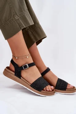 INBLU Sandały Na Koturnie|Sandały Płaskie*Sandały Damskie Z Plecionką Na Pasku GS000050 Czarne