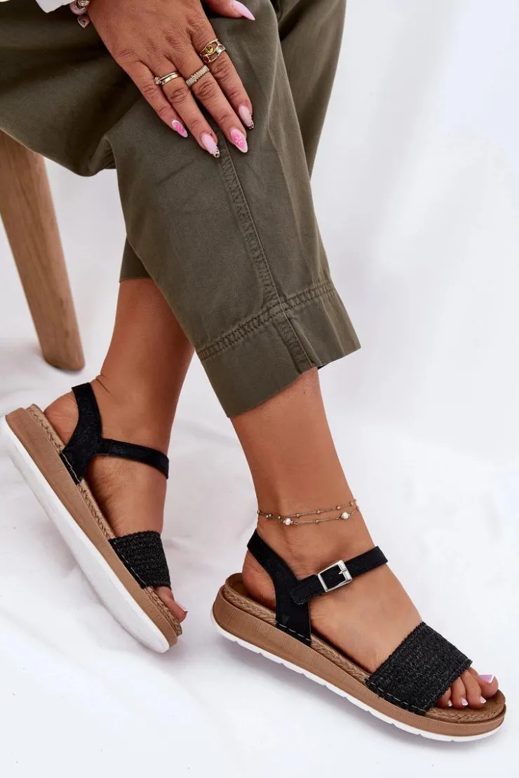 INBLU Sandały Na Koturnie|Sandały Płaskie*Sandały Damskie Z Plecionką Na Pasku GS000050 Czarne