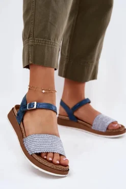 INBLU Sandały Na Koturnie|Sandały Płaskie*Sandały Damskie Z Plecionką Na Pasku GS000050 e Niebieski