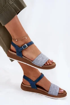 INBLU Sandały Na Koturnie|Sandały Płaskie*Sandały Damskie Z Plecionką Na Pasku GS000050 e Niebieski