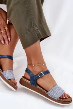 INBLU Sandały Na Koturnie|Sandały Płaskie*Sandały Damskie Z Plecionką Na Pasku GS000050 e Niebieski
