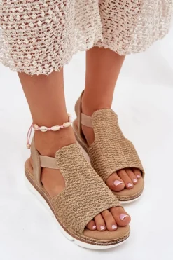 Clearance Evento Sandały Damskie Z Plecionką Beżowo-Złote Jelana