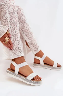 Boto Sandały Płaskie*Sandały Damskie Z Plecionką Na Zdobionej Platformie Białe Velara