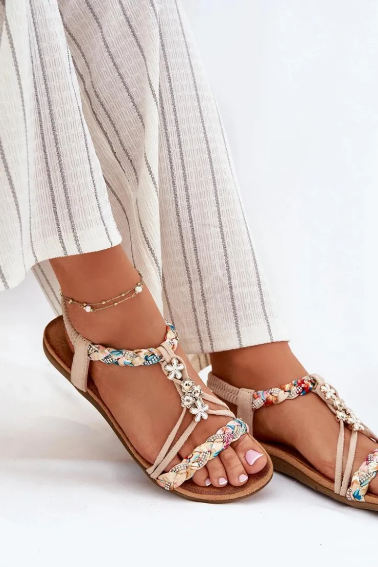 Evento Sandały Płaskie*Sandały Damskie Z Przypinkami I Plecionymi Paskami Beżowe Nusoreth