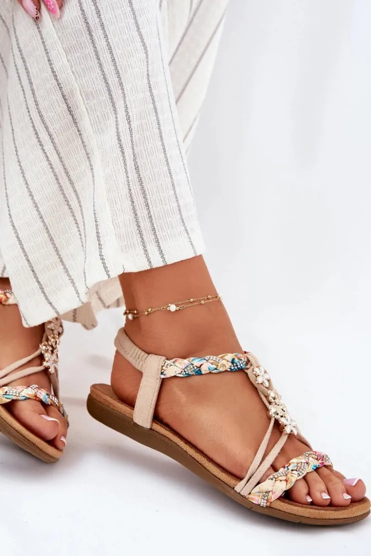 Evento Sandały Płaskie*Sandały Damskie Z Przypinkami I Plecionymi Paskami Beżowe Nusoreth