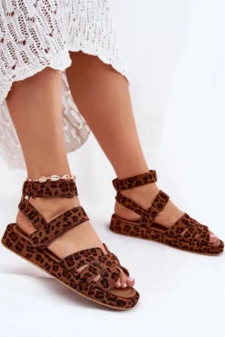 Boto Sandały Płaskie*Sandały Damskie Z Rzepami Panterka Uvissa Brązowy