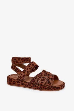 Boto Sandały Płaskie*Sandały Damskie Z Rzepami Panterka Uvissa Brązowy