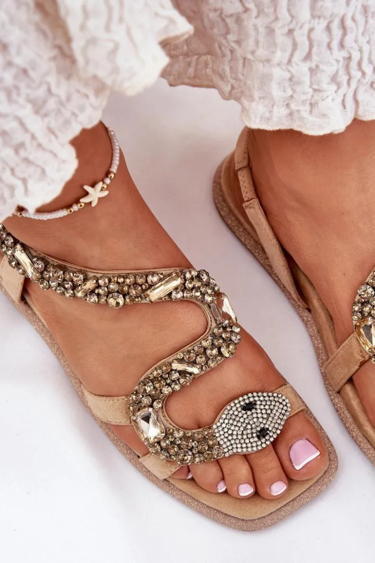 Hot Artiker Sandały Damskie Ze Zdobieniem Wąż Eko Zamszowe 56C1361 Beżowe Beżowy