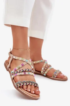 Discount Boto Sandały Damskie Ze Zdobieniem I Plecionymi Paskami Beżowe Delyra Beżowy