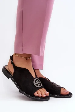 Damskie buty S.Barski Sandały Płaskie*Sandały Damskie Ze Złotą Ozdobą Eko Zamszowe S.Barski KV27-059 Czarne