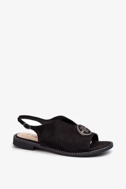 Damskie buty S.Barski Sandały Płaskie*Sandały Damskie Ze Złotą Ozdobą Eko Zamszowe S.Barski KV27-059 Czarne