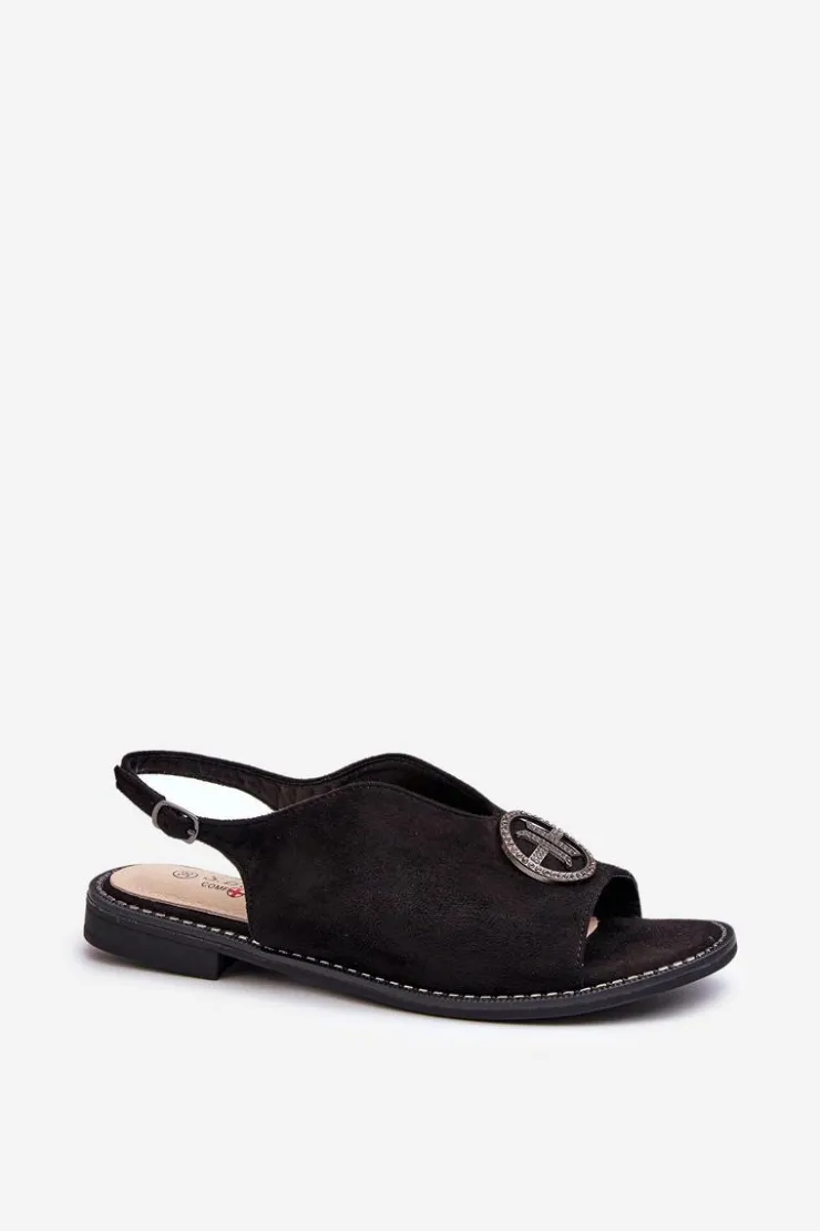 Damskie buty S.Barski Sandały Płaskie*Sandały Damskie Ze Złotą Ozdobą Eko Zamszowe S.Barski KV27-059 Czarne