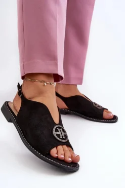 Damskie buty S.Barski Sandały Płaskie*Sandały Damskie Ze Złotą Ozdobą Eko Zamszowe S.Barski KV27-059 Czarne