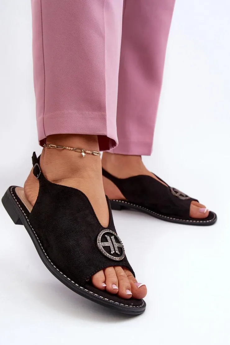 Damskie buty S.Barski Sandały Płaskie*Sandały Damskie Ze Złotą Ozdobą Eko Zamszowe S.Barski KV27-059 Czarne