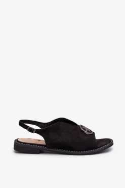 Damskie buty S.Barski Sandały Płaskie*Sandały Damskie Ze Złotą Ozdobą Eko Zamszowe S.Barski KV27-059 Czarne