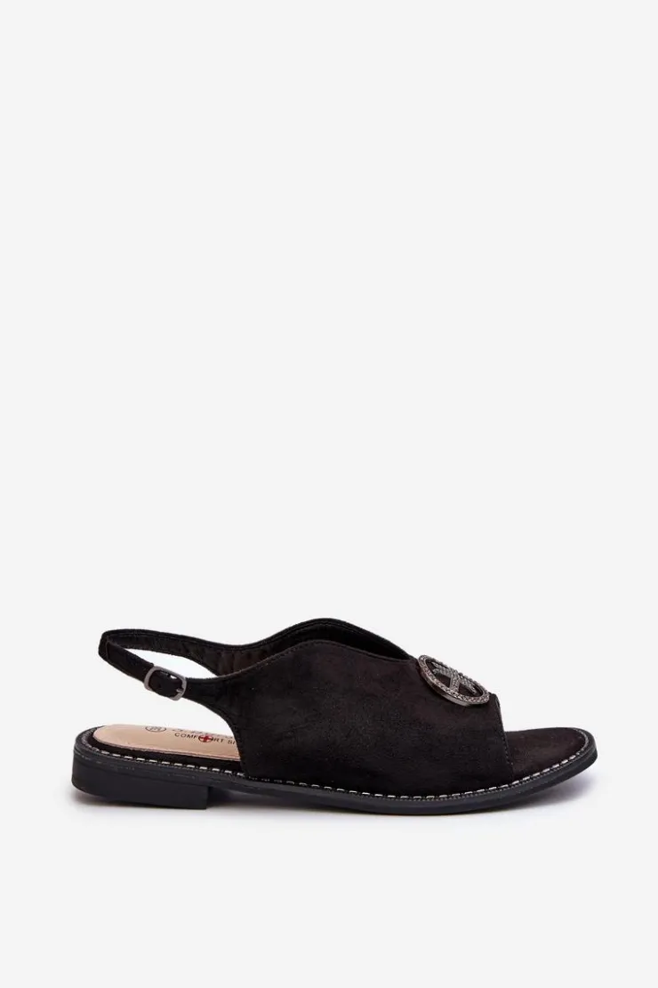 Damskie buty S.Barski Sandały Płaskie*Sandały Damskie Ze Złotą Ozdobą Eko Zamszowe S.Barski KV27-059 Czarne