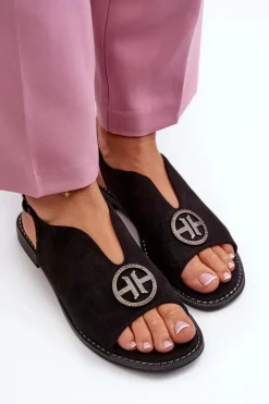 Damskie buty S.Barski Sandały Płaskie*Sandały Damskie Ze Złotą Ozdobą Eko Zamszowe S.Barski KV27-059 Czarne