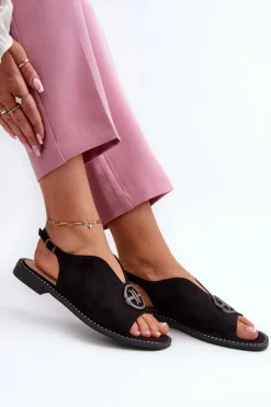 Damskie buty S.Barski Sandały Płaskie*Sandały Damskie Ze Złotą Ozdobą Eko Zamszowe S.Barski KV27-059 Czarne