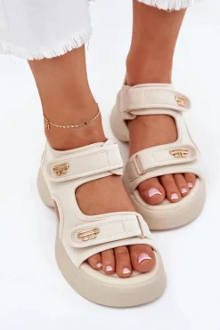 Evento Sandały Płaskie*Sandały Damskie Ze Złotymi Detalami Beżowe Luvira Beżowy