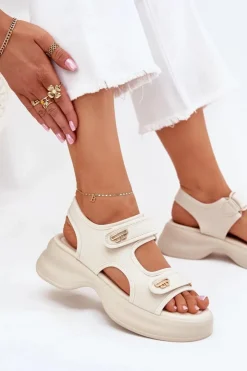 Evento Sandały Płaskie*Sandały Damskie Ze Złotymi Detalami Beżowe Luvira Beżowy