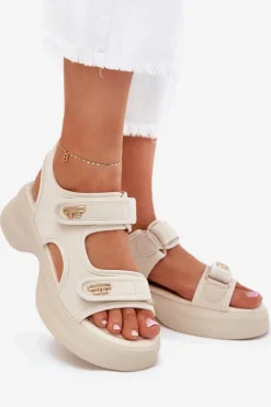 Evento Sandały Płaskie*Sandały Damskie Ze Złotymi Detalami Beżowe Luvira Beżowy