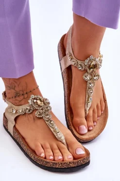 Damskie Boto Sandały Japonki Na Korkowej Platformie Złote Naomi