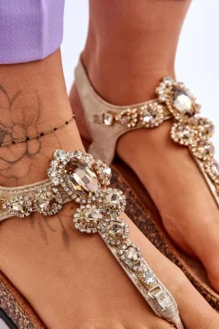 Damskie Boto Sandały Japonki Na Korkowej Platformie Złote Naomi