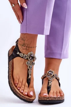 Damskie Boto Sandały Japonki Na Korkowej Platformie Czarne Naomi