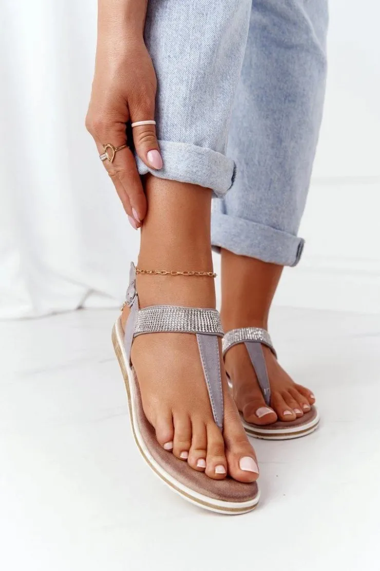 Clearance Damskie buty S.Barski Sandały Japonki Z Cyrkoniami S.Barski 701-12 Szare