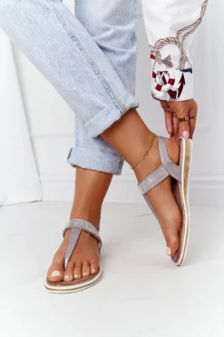 Clearance Damskie buty S.Barski Sandały Japonki Z Cyrkoniami S.Barski 701-12 Szare