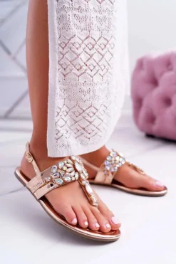 Boto Sandały Płaskie*Sandały Japonki Z Kryształami Lu Boo Różowe Złoto