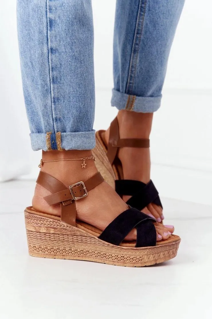 New Damskie buty S.Barski Sandały Na Koturnie S.Barski GD-38 Czarne