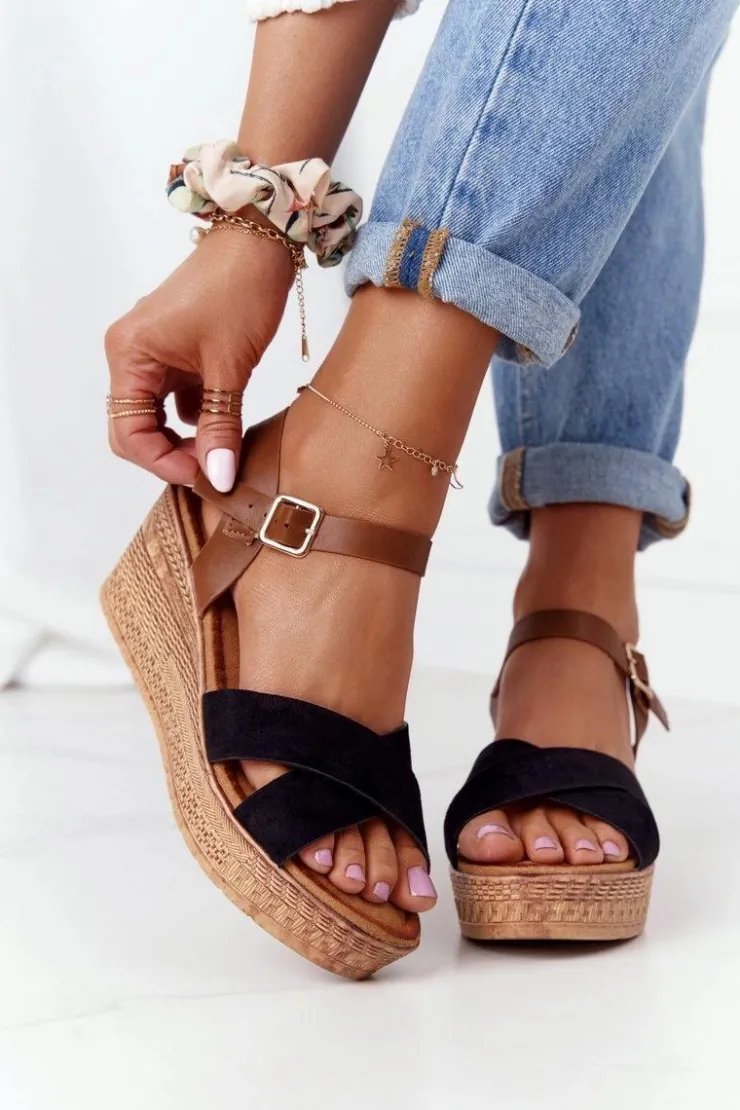 New Damskie buty S.Barski Sandały Na Koturnie S.Barski GD-38 Czarne