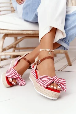 Boto Sandały Na Koturnie*Sandały Na Koturnie W Stylu Marynarskim Czerwone La Isla Bonita