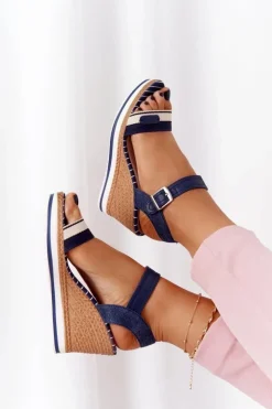 Boto Sandały Na Koturnie W Stylu Marynarskim Granatowe Tropical