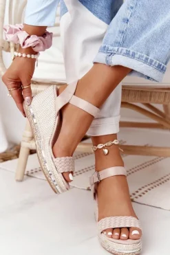 Damskie Boto Sandały Na Koturnie Z Cekinami Beżowe Scilla