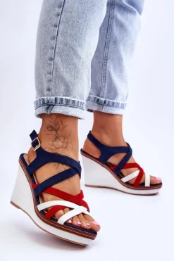 Damskie Boto Sandały Na Koturnie Z Paseczkami Granatowe Ellen