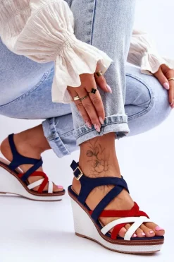 Damskie Boto Sandały Na Koturnie Z Paseczkami Granatowe Ellen