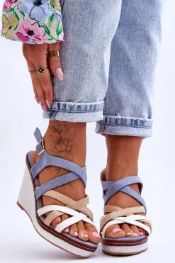 Hot Boto Sandały Na Koturnie Z Paseczkami Niebieskie Ellen