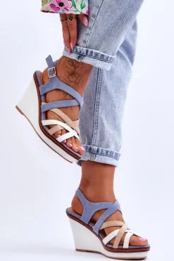 Hot Boto Sandały Na Koturnie Z Paseczkami Niebieskie Ellen